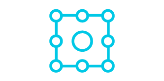 Icône représentant un carré avec des cercles aux sommets et sur les faces, l'icône est une illustration en lignes bleu sarcelle sur fond blanc.
