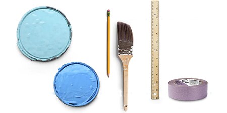 Image de couvercles de peinture, règle, crayon, pinceau et ruban de masquage 3M
