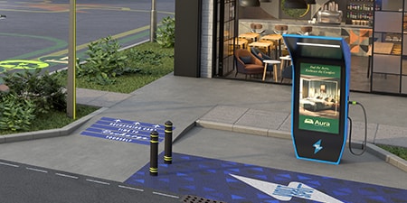 Borne de recharge avec dispositifs de sécurité au sol.
