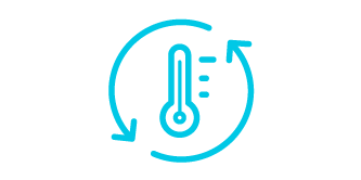 Icône représentant un thermomètre et deux flèches en rotation autour de celui-ci. L'icône est une illustration en lignes bleu sarcelle sur fond blanc.
