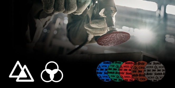 Ponçage d'une surface métallique avec les grains profilés calibrés 3M ; en bas à gauche : Icône « polyvalent » à 3 cercles ; en bas à droite : 4 disques étiquetés « fin », « moyen », « gros » et « extra gros »
