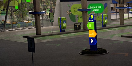 Panneau de borne de recharge habillé de produits pour signalétique lumineuse.
