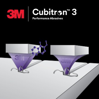 2 grains abrasifs coupant une surface, avec logo Abrasifs performance 3M Cubitron 3
