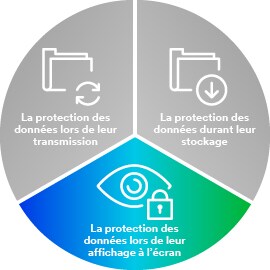 Camembert avec icônes illustrant transmission, stockage et visualisation des données